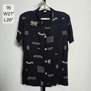 Vintage 90s Teddi Black Rayon Button Up Shirt Top Size 16 Tribal Geometric Art